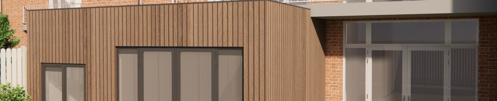 3D render van een uitbouw van een woning om gebruikt te worden bij de vergunninguitvraag.